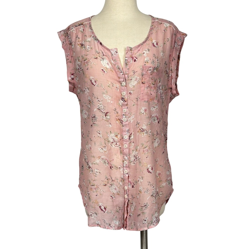 Eden & Olivia Pink Floral Sleeveless Blouse‎ Women's Large Sheer Boho Top